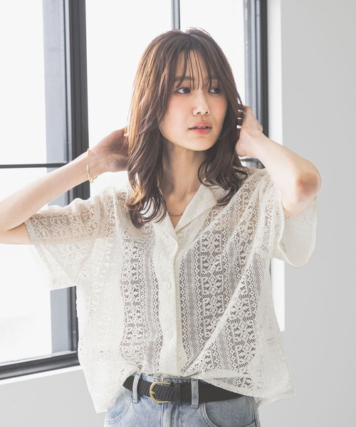 シロクロ②夏3Lグリーン袖口フリルストレッチレースカットソー半袖