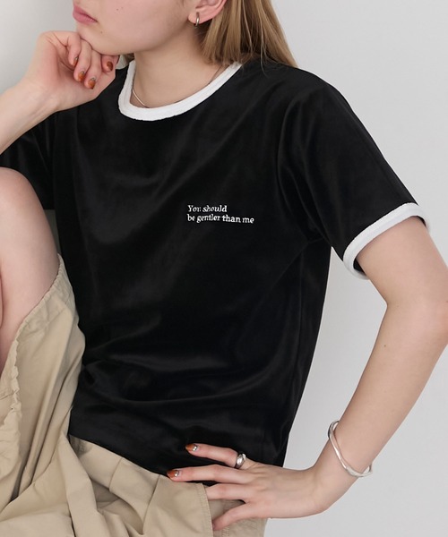 セール】【forksy.】ワンポイントロゴ刺繍ベロアリンガーTシャツ