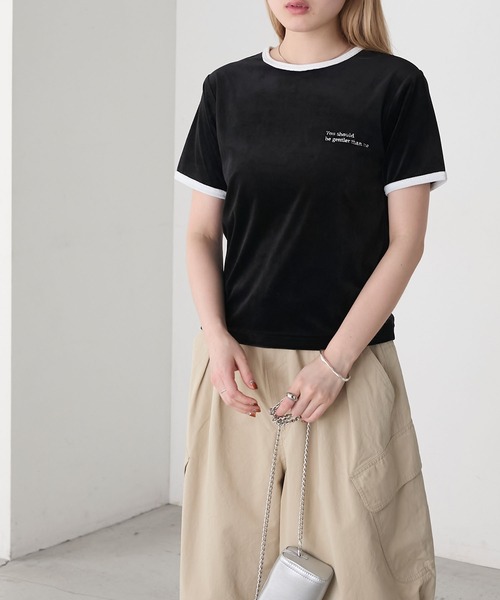 forksy.】ワンポイントロゴ刺繍ベロアリンガーTシャツ forksy