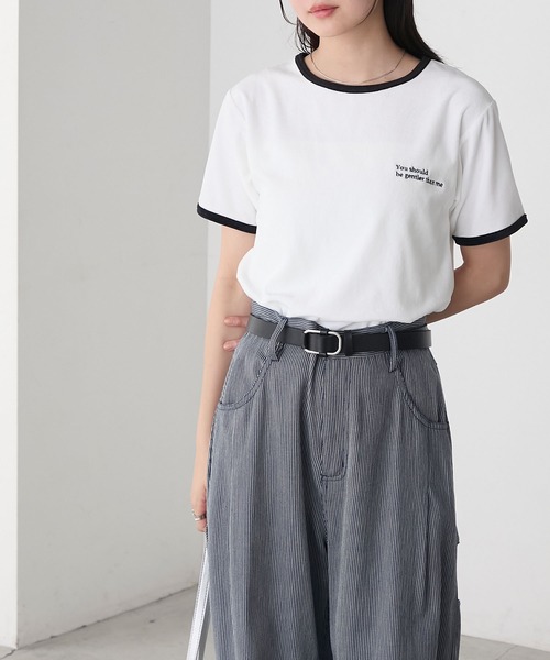 セール】【forksy.】ワンポイントロゴ刺繍ベロアリンガーTシャツ