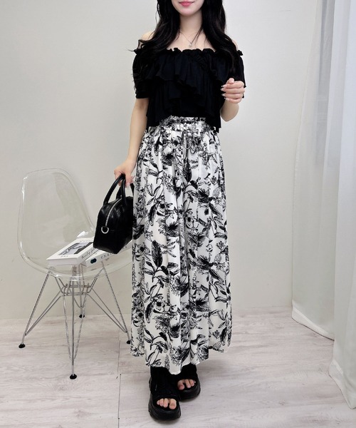 小花柄シフォンスカンツ  (ホワイト、Mサイズ）* 花柄フロント釦シフォンブラウス/洗える(ブラウス・シャツ) | MK