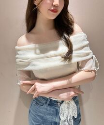 MAJESTIC LEGON | ラメチュールオフショル半袖トップス(Tシャツ/カットソー)