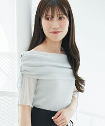 MAJESTIC LEGON | ラメチュールオフショル半袖トップス(Tシャツ/カットソー)