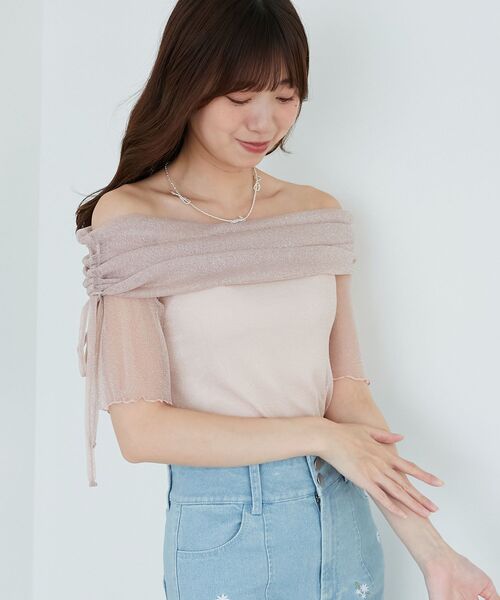 MAJESTIC LEGON（マジェスティックレゴン）の「ラメチュールオフショル半袖トップス（Tシャツ/カットソー・レディース・アイボリー/ピンク/チャコールグレー/ライトグレー・MEDIUM）」の15枚目の写真