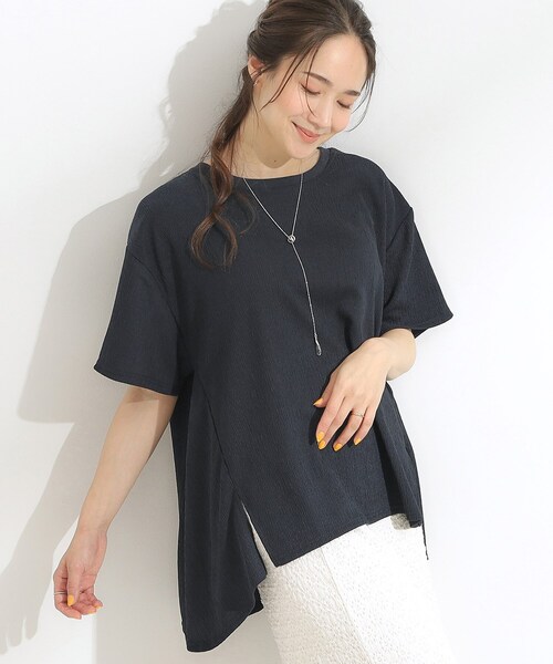 SHOO・LA・RUE(シューラルー)の「【S-LL/洗える/体型カバー/5分袖】涼しくきれいに決まる Aライントップス(Tシャツ/カットソー・レディース・ネイビー/ライトブルー/オフホワイト・03/02/01/04)」の3枚目の写真