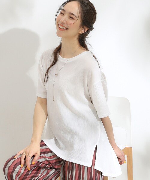 SHOO・LA・RUE(シューラルー)の「【S-LL/洗える/体型カバー/5分袖】涼しくきれいに決まる Aライントップス(Tシャツ/カットソー・レディース・ネイビー/ライトブルー/オフホワイト・03/02/01/04)」の2枚目の写真