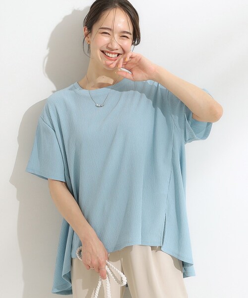 SHOO・LA・RUE(シューラルー)の「【S-LL/洗える/体型カバー/5分袖】涼しくきれいに決まる Aライントップス(Tシャツ/カットソー・レディース・ネイビー/ライトブルー/オフホワイト・03/02/01/04)」の1枚目の写真