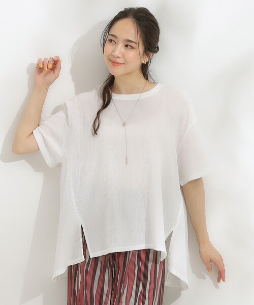 SHOO・LA・RUE(シューラルー)の「【S-LL/洗える/体型カバー/5分袖】涼しくきれいに決まる Aライントップス(Tシャツ/カットソー・レディース・ネイビー/ライトブルー/オフホワイト・03/02/01/04)」の8枚目の写真