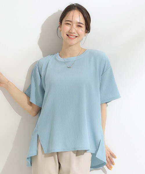 SHOO・LA・RUE(シューラルー)の「【S-LL/洗える/体型カバー/5分袖】涼しくきれいに決まる Aライントップス(Tシャツ/カットソー・レディース・ネイビー/ライトブルー/オフホワイト・03/02/01/04)」の12枚目の写真