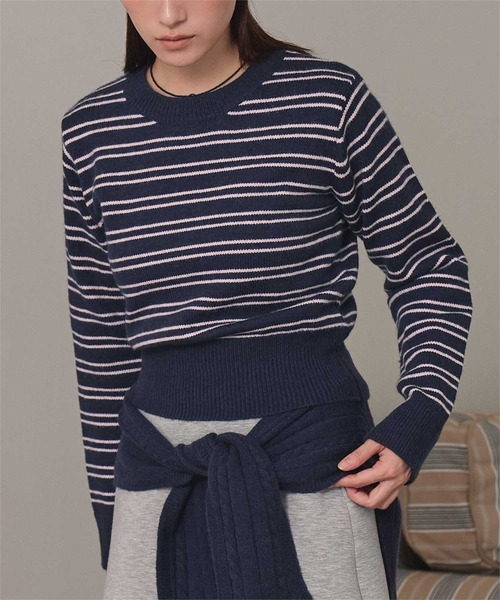miette(ミエット)の「ショール付きマルチボーダーニット(ニット/セーター・レディース・チャコール/ネイビー/ライトブルー・L/M/S)」の1枚目の写真