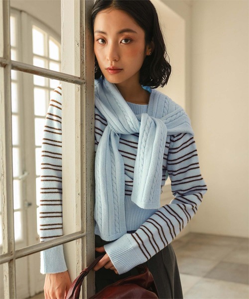 miette(ミエット)の「ショール付きマルチボーダーニット(ニット/セーター・レディース・チャコール/ネイビー/ライトブルー・L/M/S)」の4枚目の写真
