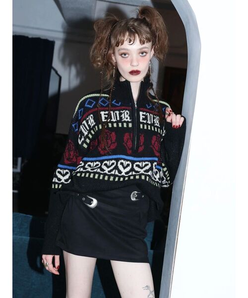 EVRIS（エヴリス）の「フラワーミックスジャガードニットトップス（ニット/セーター・レディース・アイボリー/ブラック/ボルドー・FREE）」の6枚目の写真