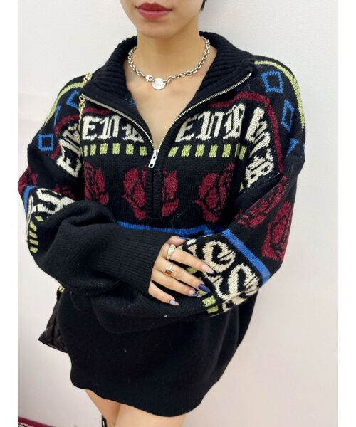 EVRIS（エヴリス）の「フラワーミックスジャガードニットトップス（ニット/セーター・レディース・アイボリー/ブラック/ボルドー・FREE）」の8枚目の写真