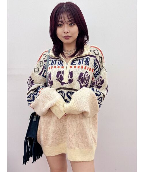 EVRIS（エヴリス）の「フラワーミックスジャガードニットトップス（ニット/セーター・レディース・アイボリー/ブラック/ボルドー・FREE）」の14枚目の写真