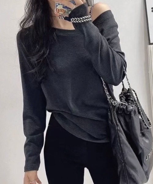 Lace Ladies(レースレディース)の「ソリッドカラー ワンショルダー 長袖 カット トップス(Tシャツ/カットソー・レディース・ブラック/ライトグレー/ホワイト/ダークグレー・FREE)」の4枚目の写真