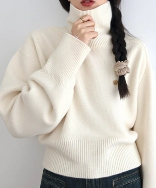 cammie(キャミー)の「折り返しハイネックニット(ニット/セーター・レディース・グリーン/ブラック/グレー/ホワイト・F)」の5枚目の写真