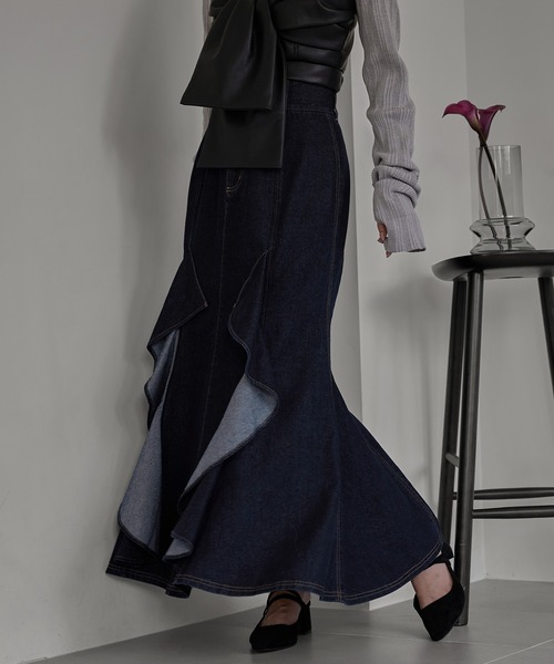【新品未使用タグ付き】mideal フリルマーメイドデニムスカート M 予約商品】frills mermaid denim skirt / フリルマーメイド