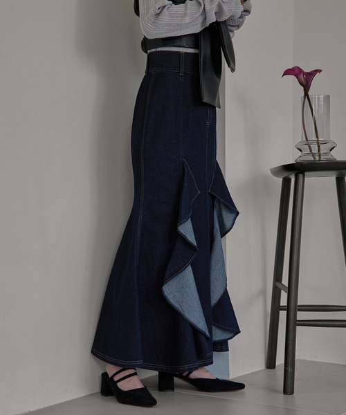 スカート mideal / frills mermaid denim skirtM frills mermaid denim skirt / フリルマーメイドデニムスカート