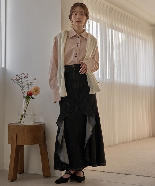 mideal（マイディール）の「frills mermaid denim skirt / フリルマーメイドデニムスカート（デニムスカート・レディース・ブラック/インディゴブルー・MEDIUM/SMALL）」の4枚目の写真
