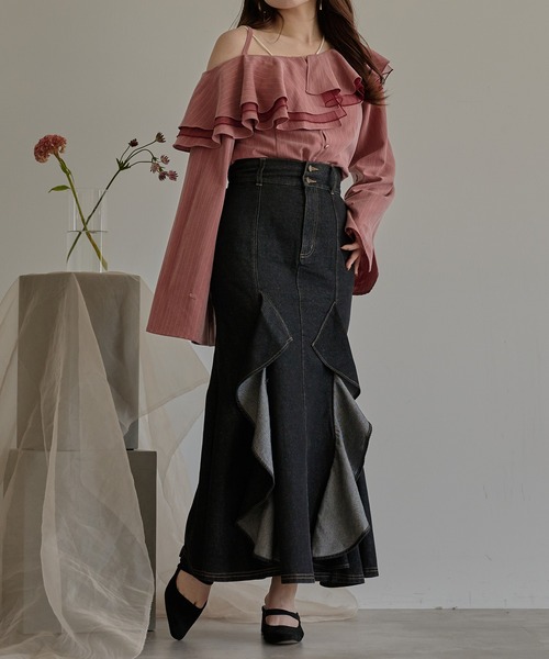 mideal（マイディール）の「frills mermaid denim skirt / フリルマーメイドデニムスカート（デニムスカート・レディース・ブラック/インディゴブルー・MEDIUM/SMALL）」の12枚目の写真