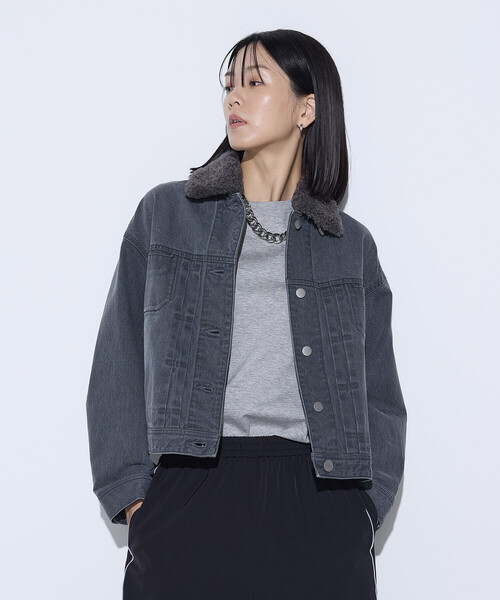 セール】10.5オンス空紡デニム フェイクファー襟付きデニムジャケット