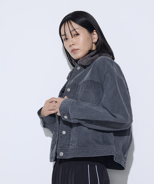 セール】10.5オンス空紡デニム フェイクファー襟付きデニムジャケット