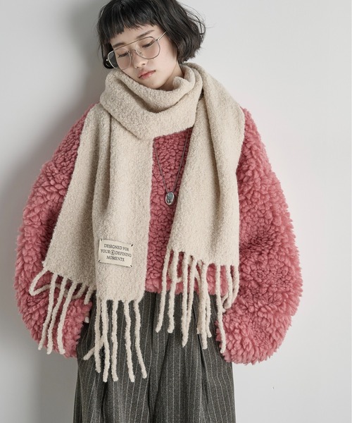 ピンク ロゴ入り ニットマフラー フリンジ付き 再販】マフラー リフ編み 花 模様 フリンジ 編み 手編み 編み物 ピンク