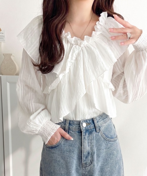 classicalelf(クラシカルエルフ)の「主役トップス確定!大人ガーリー前後2wayシアーストライプラッフル襟ブラウス(長袖)(シャツ/ブラウス・レディース・ホワイト/ベージュ/ブラック・MEDIUM/LARGE/X-LARGE/SMALL)」の10枚目の写真