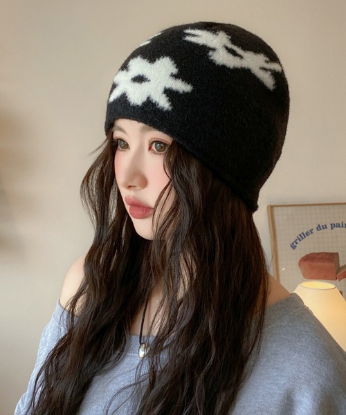c.u.l(シーユーエル)の「ふわモコ 花柄 ビーニー ニットキャップ cula1322(ニットキャップ/ビーニー・レディース・ブラック/ブラック系その他・FREE)」の7枚目の写真