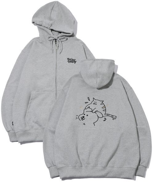 Enjoy CAT embroidered hooded zip-up gray