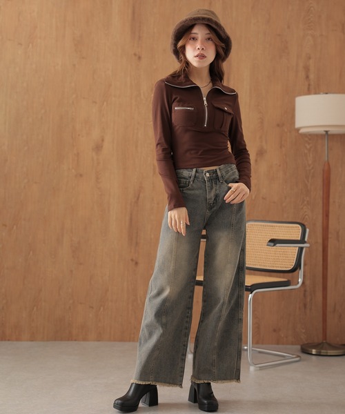 SUWDEE(スーディー)の「half zip double pocket tops(Tシャツ/カットソー・レディース・ブラック/ブラウン・FREE)」の6枚目の写真