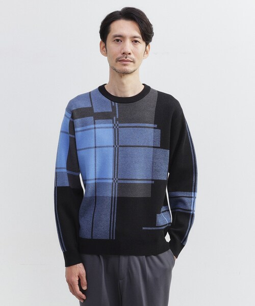 TAKEO KIKUCHI(タケオキクチ)の「ランダム チェック ジャカード ニット(ニット/セーター・メンズ・チャコールグレー/ブラック系1/ライトグレー系1・02/03/04)」の2枚目の写真