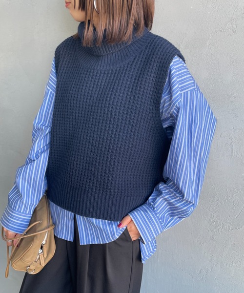 新品✨mizuiroind ミズイロインド クルーネックニットベスト 完売品 セール】[mizuiro ind/ミズイロインド] ワッフルニット ハイネック