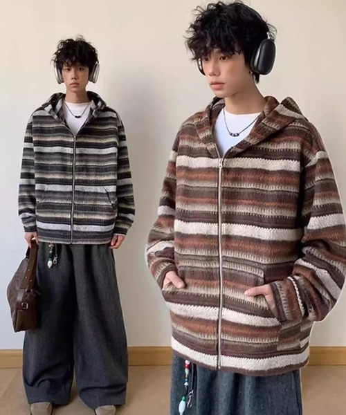 FreeZone(フリーゾーン)の「ふわシャギー配色ボーダーZIPパーカー(パーカー・メンズ・ブラウン/グレー・F)」の16枚目の写真