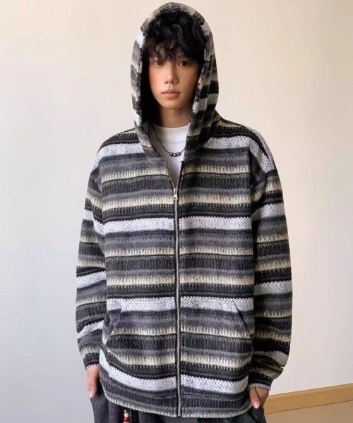 FreeZone(フリーゾーン)の「ふわシャギー配色ボーダーZIPパーカー(パーカー・メンズ・ブラウン/グレー・F)」の17枚目の写真