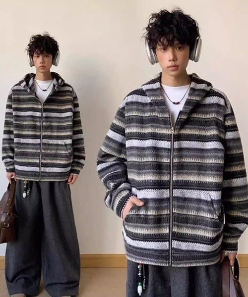 FreeZone(フリーゾーン)の「ふわシャギー配色ボーダーZIPパーカー(パーカー・メンズ・ブラウン/グレー・F)」の18枚目の写真