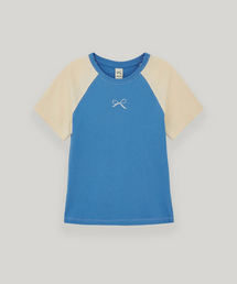 配色ラグランリボン半袖Tシャツ (ブルー/ベージュ)