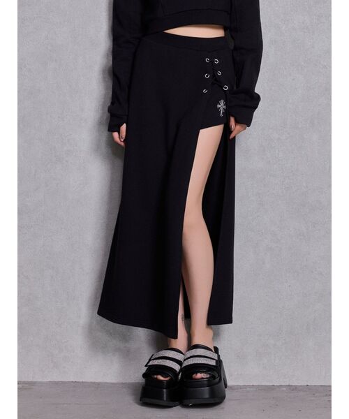 GYDA（ジェイダ）の「sacred edge crossレースアップロングスリットスウェットスカート（スカート・レディース・ブラック/グレー/オフホワイト・FREE）」の4枚目の写真