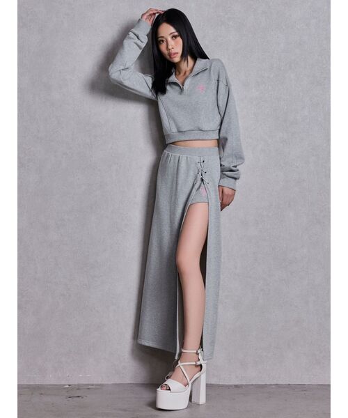 GYDA（ジェイダ）の「sacred edge crossレースアップロングスリットスウェットスカート（スカート・レディース・ブラック/グレー/オフホワイト・FREE）」の7枚目の写真