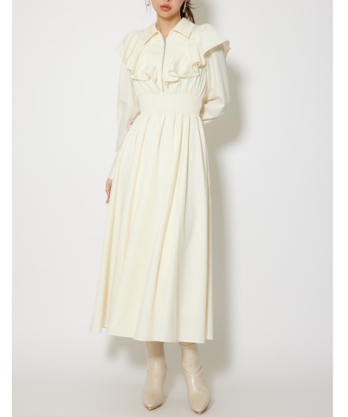 rienda(リエンダ)の「フロントジップフリルシャツワンピース 冬服 春服(シャツワンピース・レディース・ライトブルー/ホワイト/ブラック・MEDIUM/SMALL)」の2枚目の写真