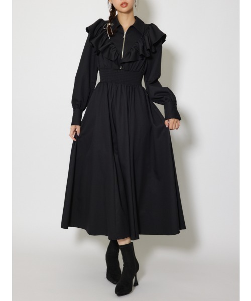 rienda(リエンダ)の「フロントジップフリルシャツワンピース 冬服 春服(シャツワンピース・レディース・ライトブルー/ホワイト/ブラック・MEDIUM/SMALL)」の1枚目の写真