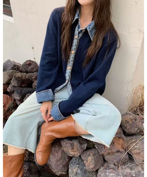 セール】デニム切り替えニットカーディガン（カーディガン/ボレロ