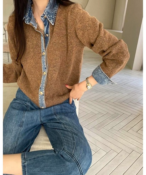 inst.ALL(インストール)の「春も使える!デニム切り替えニットカーディガン(カーディガン/ボレロ・レディース・ネイビー/ダークグレー/ダークベージュ/ライトグレー・M)」の1枚目の写真