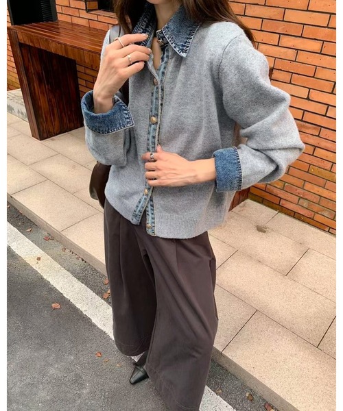 inst.ALL(インストール)の「春も使える!デニム切り替えニットカーディガン(カーディガン/ボレロ・レディース・ネイビー/ダークグレー/ダークベージュ/ライトグレー・M)」の2枚目の写真