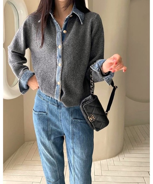 inst.ALL(インストール)の「春も使える!デニム切り替えニットカーディガン(カーディガン/ボレロ・レディース・ネイビー/ダークグレー/ダークベージュ/ライトグレー・M)」の6枚目の写真