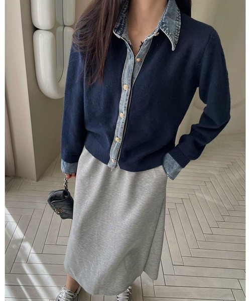 セール】デニム切り替えニットカーディガン（カーディガン/ボレロ