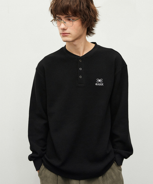 GAKKAI UNIONS(ガッカイユニオンズ)の「リブヘンリーネックワッフルロングスリーブブラック(Tシャツ/カットソー・メンズ・その他・M/L/XL)」の1枚目の写真