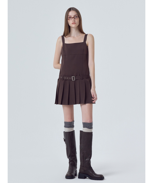 ETMON(エトモン)の「Low Pleats Belt Mini Dress, Brown(ワンピース・レディース・その他・S/M)」の1枚目の写真