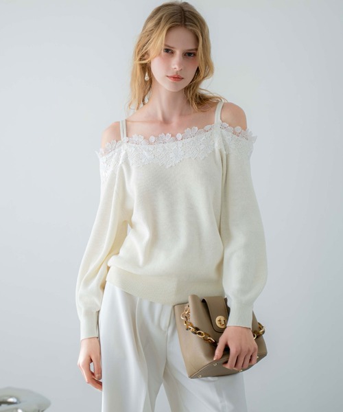 NOELA(ノエラ)の「オフショルレーストリムニット(ニット/セーター・レディース・グレー/オフホワイト/ピンク・フリー)」の2枚目の写真