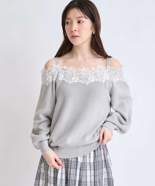 NOELA(ノエラ)の「オフショルレーストリムニット(ニット/セーター・レディース・グレー/オフホワイト/ピンク・フリー)」の12枚目の写真